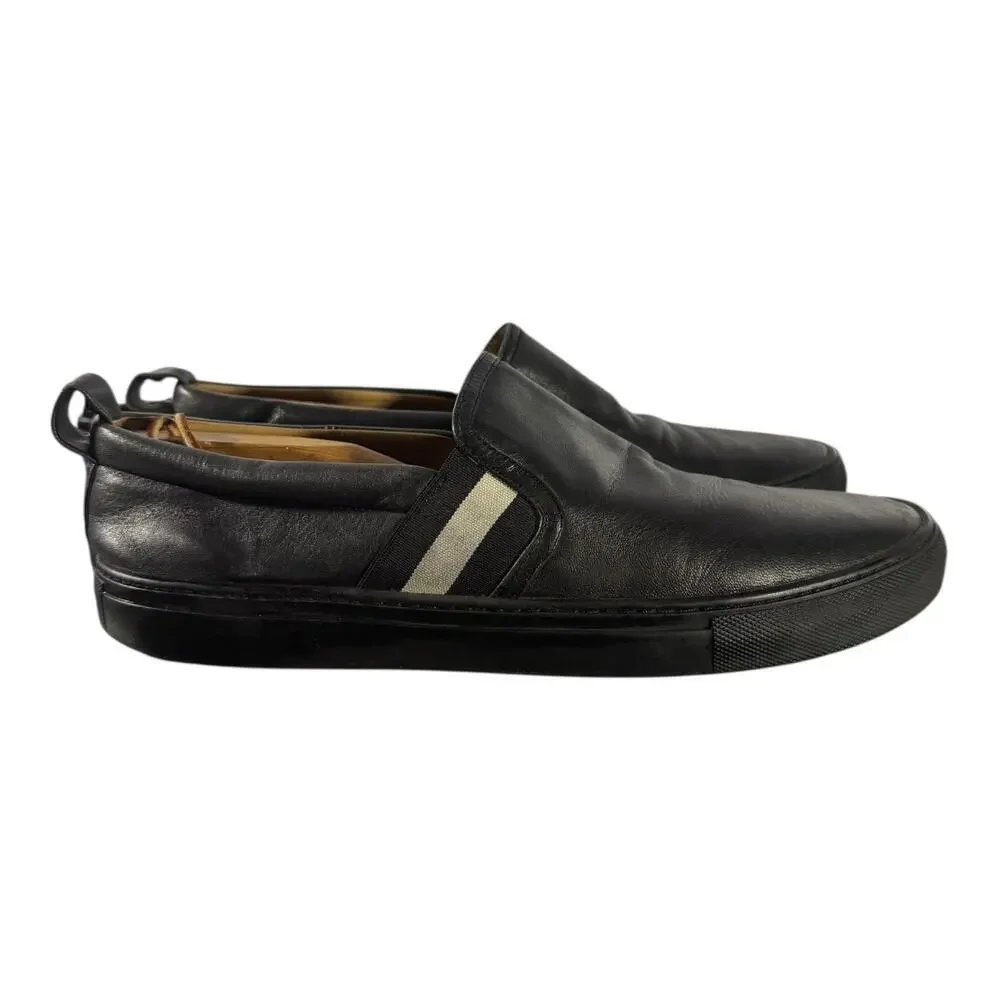 Bally Herald Men’s 200 Black Leather Slip On White Stripe Dress Sneakers 10 D